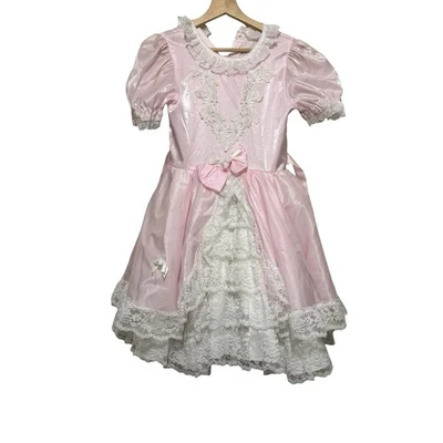 Vestido Princesa Desfile Desfile Satinado Rosa Vintage Encaje Niveles Círculo Talla 11-12 Hecho en EE. UU. Foto 1 de 4