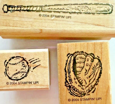 Stampin Up Stamp BASEBALL BAT GLOVE and BALL Set of 3 LOOSE STAMPS ONLY Stained - Image 1 of 4