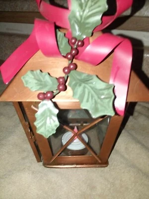 Copper COLOR LATERN WITH Ribbon /holly  with glass /metal - Image 1 of 4