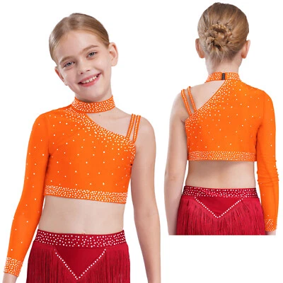 Kids Girls Crop Tops Sparkly Blouse School Shirt Competition Tank Top Fancy Tee - Image 1 of 4