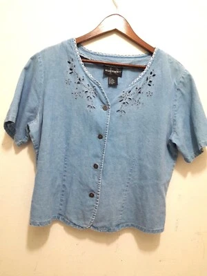 Requirements Womens Large Cowgirl Western Linen-Blend Blouse Light Blue Foto 1 de 4