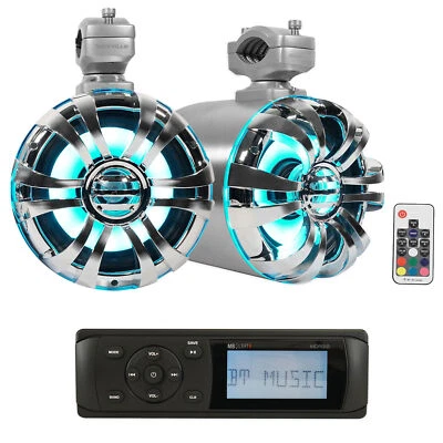 MB Quart MDR2.0 Marine/Boat Bluetooth/USB Receiver+(2) 6.5" LED Tower Speakers - Image 1 of 4