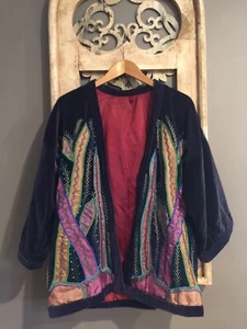 Vintage Velvet Kimono Open Front Jacket Handmade Embroidered One Of A Kind - Picture 1 of 12