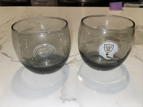 Vtg 70's Oakland Raiders-SF 49ers NFL Smoked Glass Whiskey Glass Tumbler. pair Cover