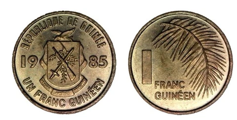 LOT of 80 Uncirculated GUINEA 1985, 1 Franc Guinéen - Rifle and Sword, Palm Cover