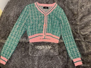 Cider Green/ Pink Knitted Button Up Long Sleeve V- Neck Cardigan Sweater Size L - Picture 1 of 4