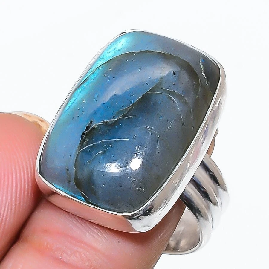 Blue Fire Labradorite Gemstone 925 Sterling Silver Jewelry Ring Size 8 (US) - Image 1 of 1