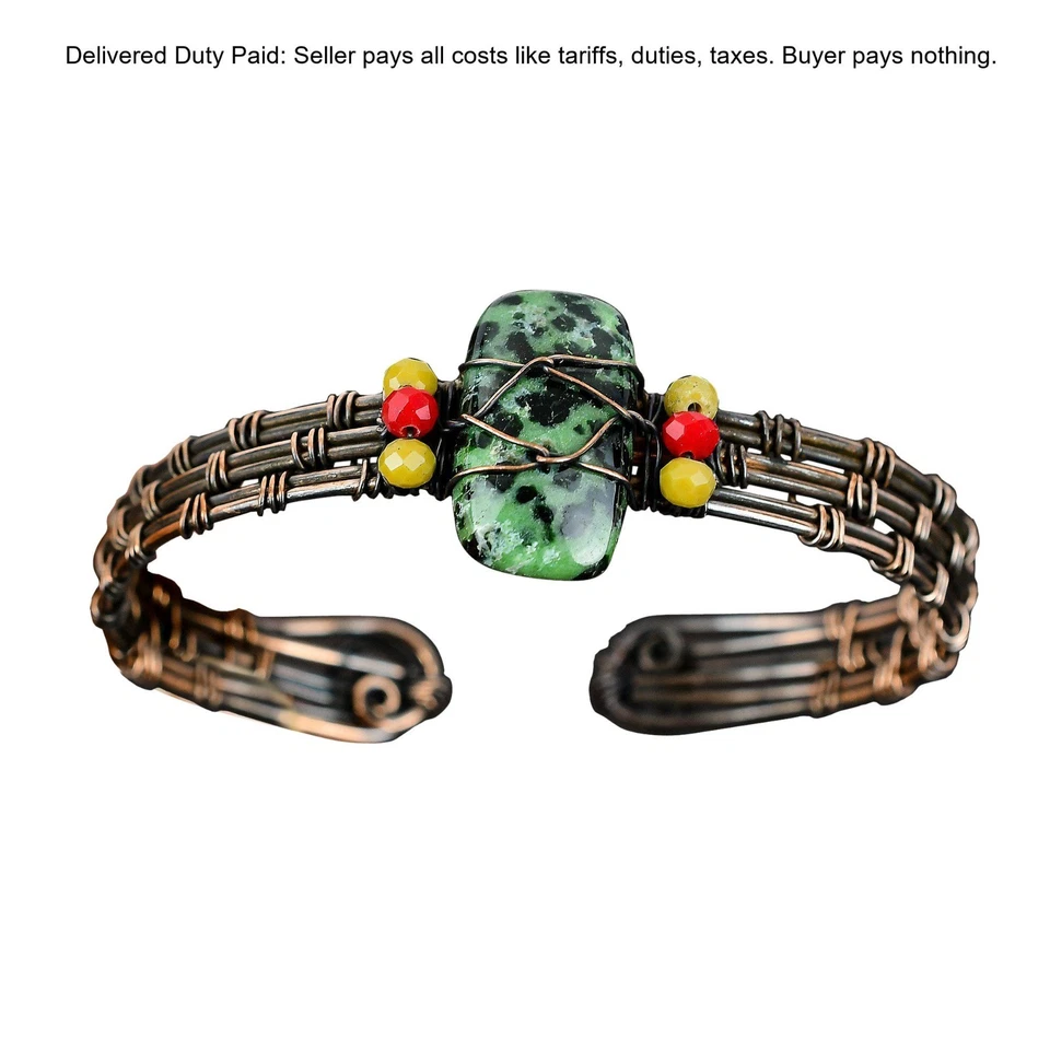Brazalete de diseño de cuentas de coral amarillo y rojo de zoisita rubí natural de cobre joyería Foto 1 de 4