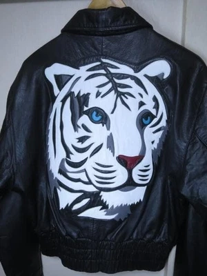 Vintage 80s Michael Hoban Leather Jacket Black Tiger Graphic Size M USA Made 11F - Image 1 of 4