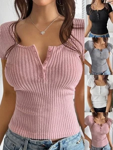 Button Placket Top Short Sleeve Top Elastic Medium Stretch Ribbed Detailing - Picture 1 of 44