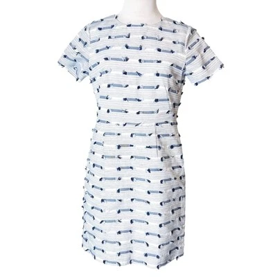 Shoshanna fringe tweed stripe blue and white sheath dress sz 6 - Image 1 of 4