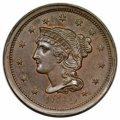 1849 Braided Hair Large Cent, N-23, R3, ex Hines-Starr-Naftzger-Borcherdt - Image 1 of 3