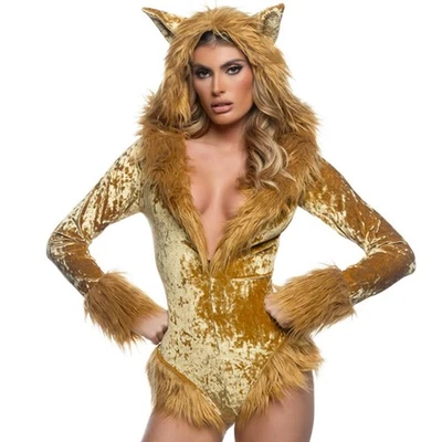 Lioness Costume Long Sleeve Bodysuit Hooded Ears Tail Faux Fur Trim Velvet 6575 - Image 1 of 4