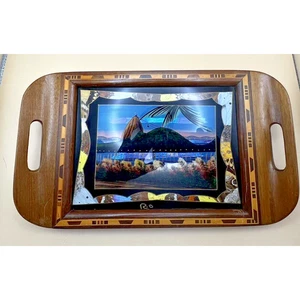 Vintage 70er Rio De Janeiro Original Real Butterfly Wings Wooden Inlay Tray Rio - Bild 1 von 4
