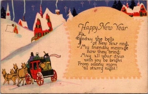 HAPPY NEW YEAR Horse Drawn Carriage WINTER SCENE Postcard - Picture 1 of 2
