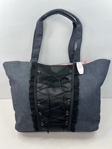 VICTORIA'S SECRET Tote Bag Sexy Flirty Corset Blue Denim Black Lace New w Tags - Picture 1 of 11