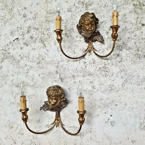 Antique Wall Sconces Gold French Cherub Wooden Bust Lights Cover