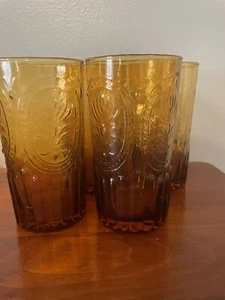 4 Anthropologie Fleur De Lis Amber Glasses Tumbler 6 1/4" Tall Barware - Bild 1 von 3