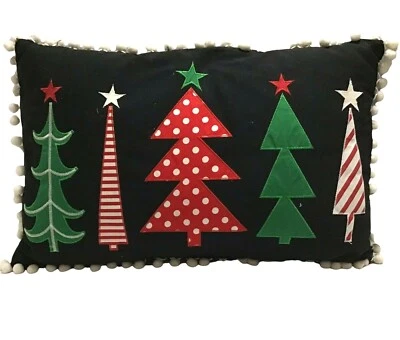 Throw Pillow Tree Pom Poms 20x13 Holiday Black Boho Farmhouse Christmas - Image 1 of 4