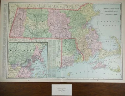 Mapa vintage 1900 de Massachusetts y Rhode Island 22"x14" antiguo original MA RI Foto 1 de 4
