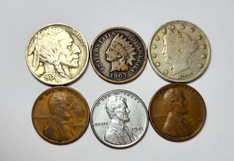 Lot of Indian Head Penny, Liberty V and Buffalo Nickel, Steel & 2 Wheat Pennies Cover