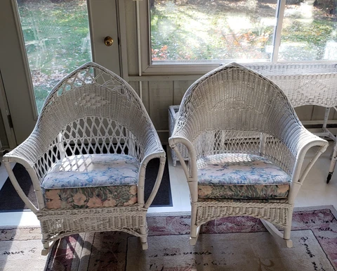 2 Antique Wicker Rocking Chairs White Cover