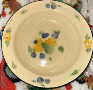 Set Of 6 April  Cornell Enamelware Stenciled Fruit 8" Bowls yellow Blue - Picture 1 of 6