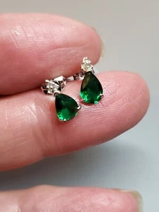 1.93 CTW LAB CREATED EMERALD & DIAMOND 10KT SOLID WHITE GOLD EARRINGS STUD - Picture 1 of 14