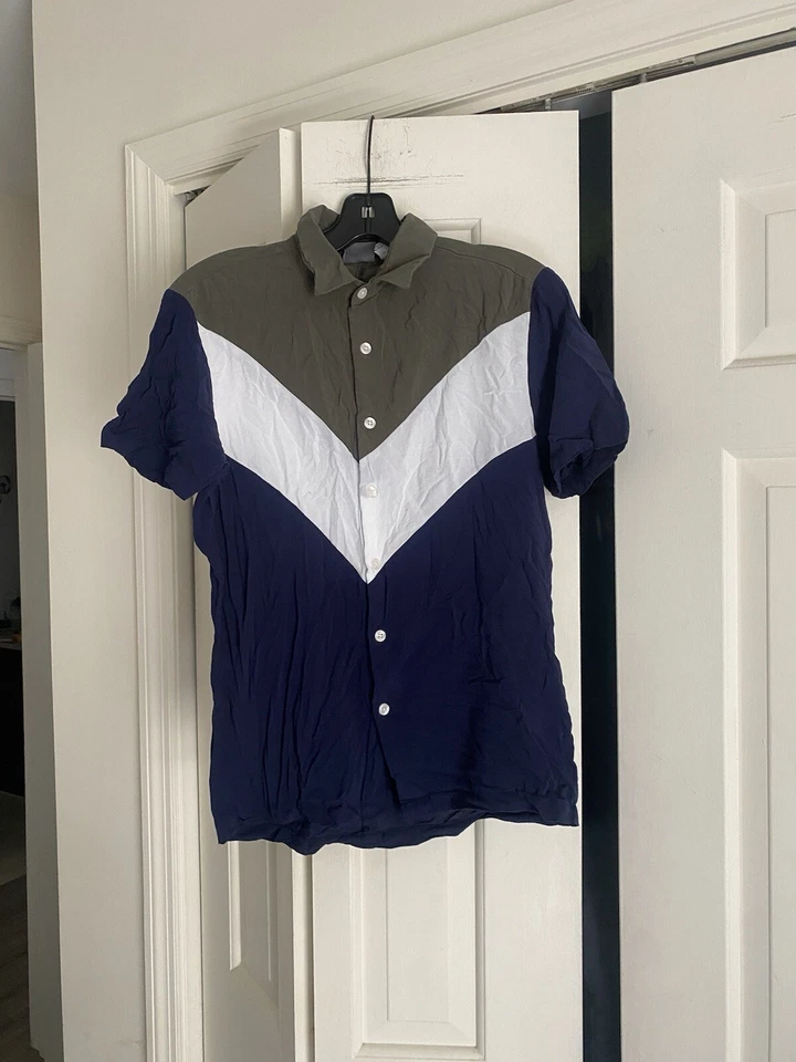 Asos Men's Green Navy Blue White Viscose Shirt XS - Image 1 of 3