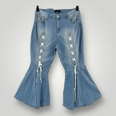 Ashley Stewart Jeans Womens 20 Blue Lace Up Flare Big Bell Bottom Denim 60s Vibe - Image 1 of 4