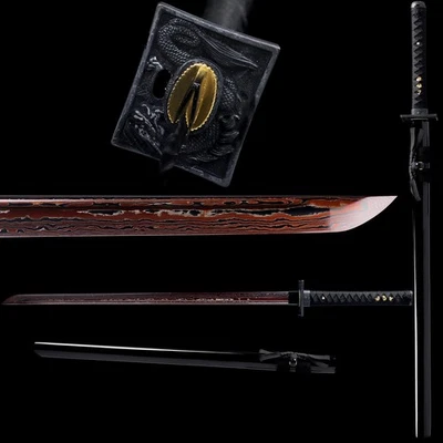 Espada Ninja Hecha a Mano Samurai Japonés Katana Acero Plegada Damasco Roja y Negra Foto 1 de 4
