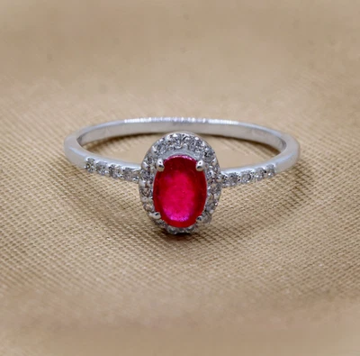 925 Sterling Silver Natural Ruby & Diamond Engagement Ring Handmade Jewelry - Image 1 of 4