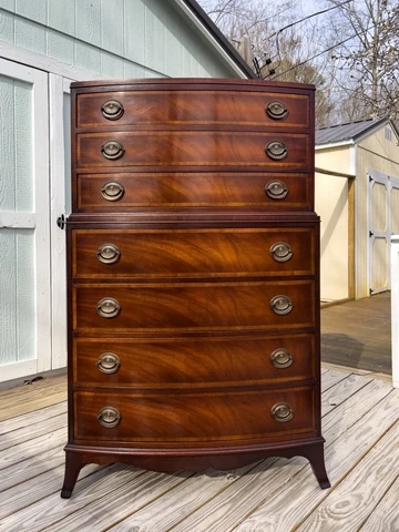 Fancher Bow Front Hepplewhite Banded Flame Mahogany Chest on Chest of Drawers Cover