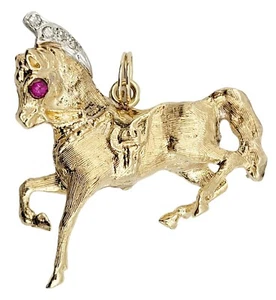 Pendant 3D Vintage Gold Synthetic Ruby & Diamond Mane 14K Yellow & White Gold - Picture 1 of 14