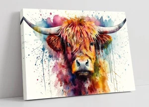ACUARELA SPLASH ART ESTILO VACA HIGHLAND LIENZO OBRA DE ARTE PARED IMPRESIÓN FOTOGRÁFICA - Imagen 1 de 2