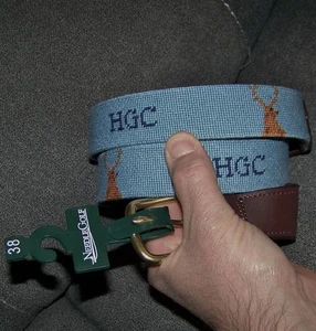 NEW NEEDLEGOLF Needlepoint & Leather Golf Belt HARTFORD GOLF CLUB Size 38 Blue - Picture 1 of 9