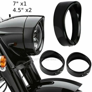 Black 7 " + 4.5" Headlight Headlamp Trim Set For Harley Touring Road King Soft - Picture 1 of 8