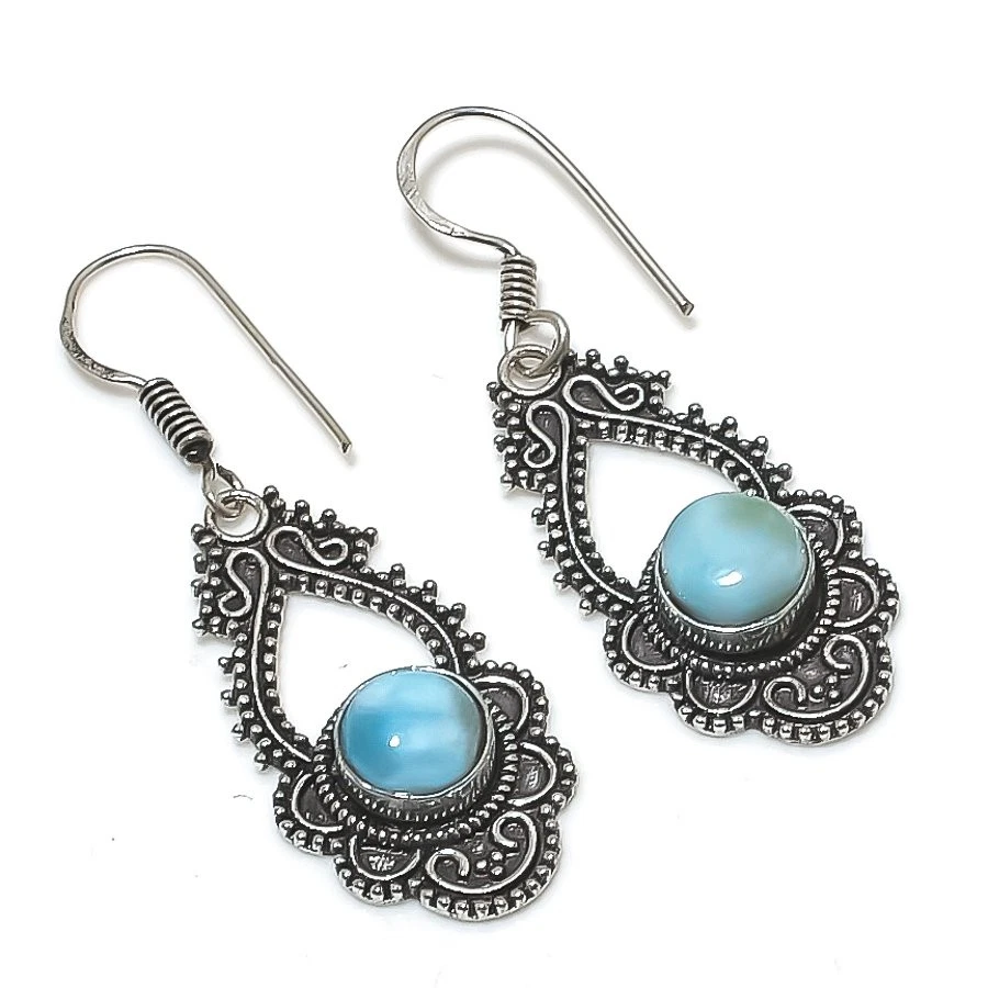 Pendientes de piedras preciosas caribeñas Larimar forma redonda regalo joyería vintage 2" MXE 5358 Foto 1 de 1