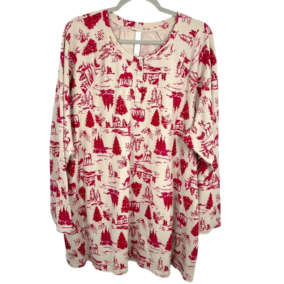 Женский пижамный топ Cacique 22/24 цвет красного оленя дерево зимняя сцена с длинным рукавом Henley - Изображение 1 из 4