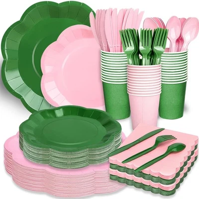 416 Pcs Pink And Green Party Supplies - For 52 Guests Paper Plates And Napkin... - Image 1 of 4