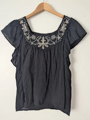 Max Studio Black w/ Floral Embroidery Peasant Top Women's Size Large Boho EUC - Image 1 of 4