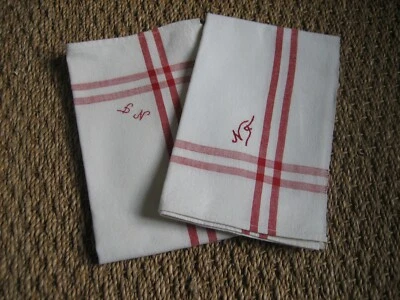 2 Anciens torchons à Liteaux rouge Monogramme N.F brodé - Photo 1/4