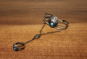 Vintage Bracelet & Ring 925 Silver With 2 Turkish, Kathleen Chavez NAVAJO Size 7 - Picture 1 of 7