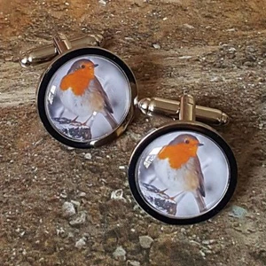 Unikat! ROBIN REDBREAST MANSCHETTENKNÖPFE Garten WINTER Weihnachten SCHNEE Vogel HECKER - Bild 1 von 2