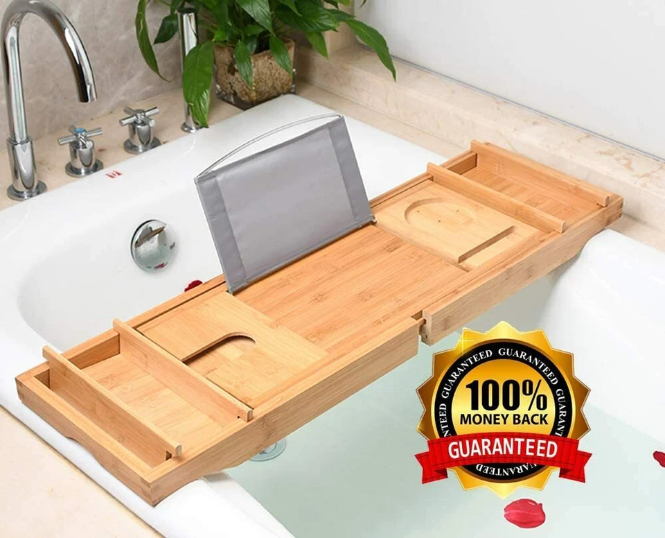 Bandeja extensible de bambú para bañera con soporte para copa de vino soporte para libros ranura para teléfono Foto 1 de 4