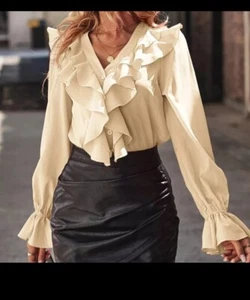 Womens Ruffles Flared Long Sleeve Tops OL Office Work Shirt Casual Blouse Top - Picture 1 of 5