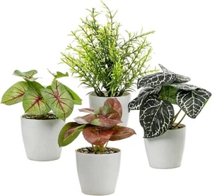 Artificial Plants in Decorative White Plastic Pot, Tabletop Plant, Set of 4 - Picture 1 of 7