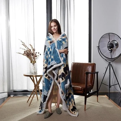 Black Bear Plaid Blue Bear Cómoda Sudadera con Capucha Usable Manta Gruesa Sherpa 50" x 70" Foto 1 de 2