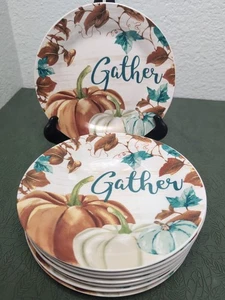 Royal Norfolk Pumpkin Fall GATHER Salad Plates Set Of 8 - Picture 1 of 7