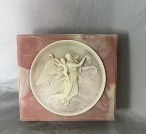 Genuine Incolay Stone USA Large 3D Carved Jewelry Trinket Box Cameo Angel Cherub - Picture 1 of 10
